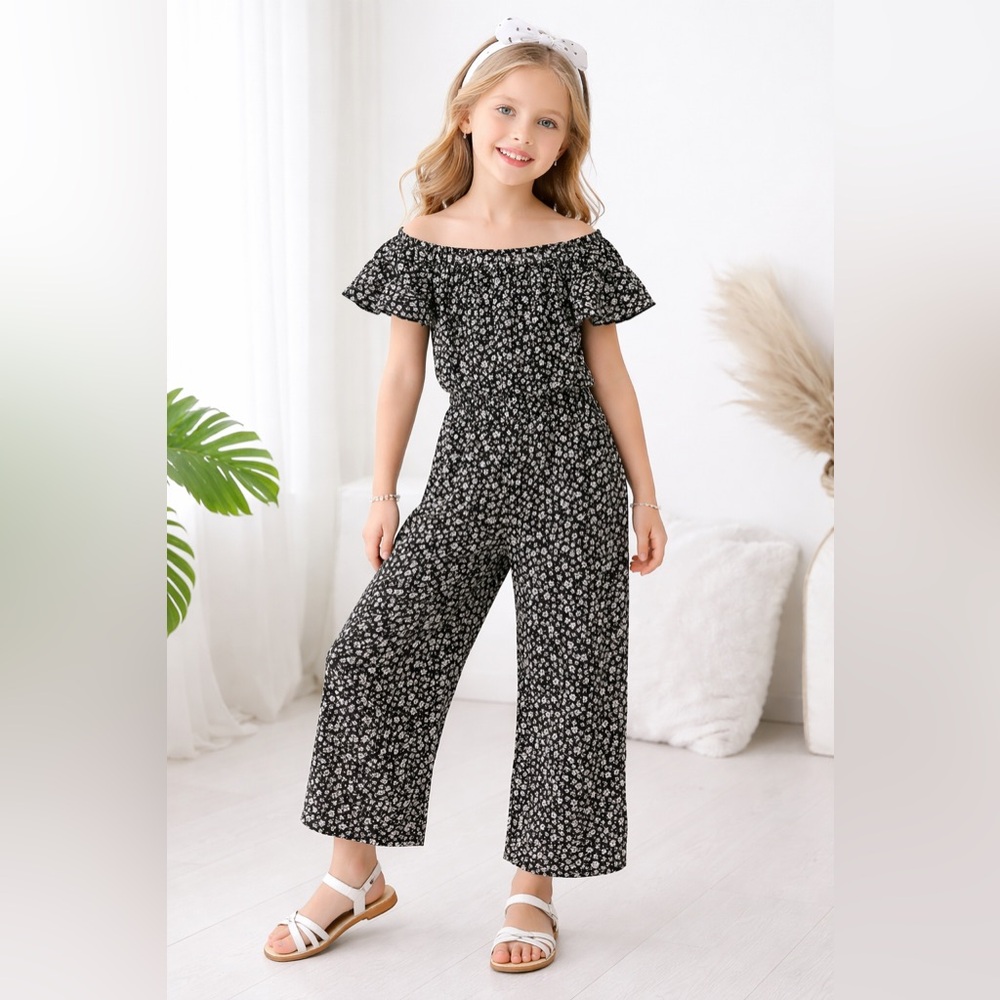JAPNA Girls Black Floral Jumpsuit Size 7 Boho Off Shoulder